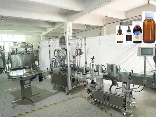 Linea di produzione automatica dell'etichettatrice di tappatura di riempimento di liquidi farmaceutici per bottiglie di plastica di vetro rotonde liquide esterne per liquidi orali